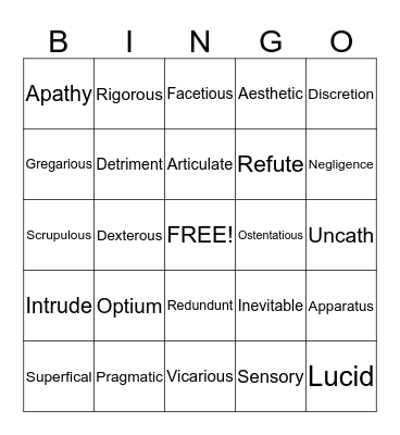 Vocabulary Bingo Card