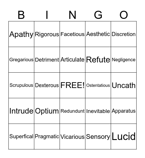 Vocabulary Bingo Card