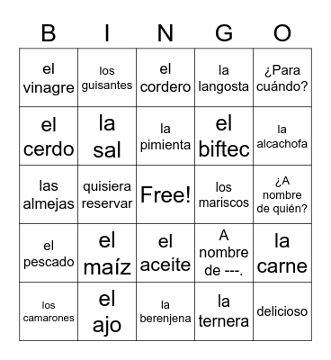 c2 En un Restaurante, palabras 2 Bingo Card