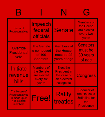 Legislative Branch Bingo Card