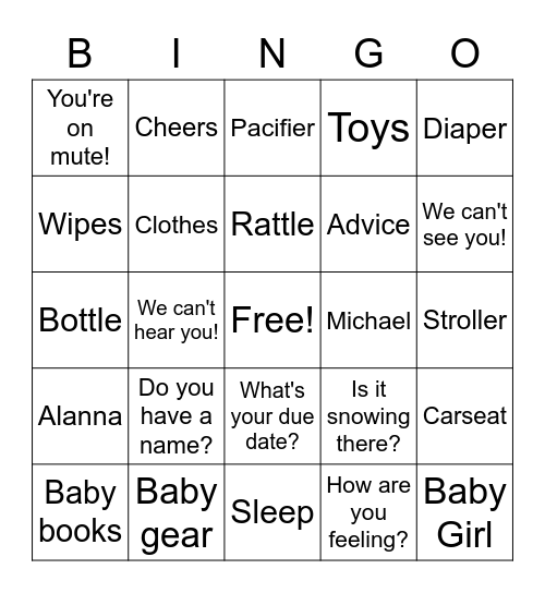 Baby Shower Bingo Card