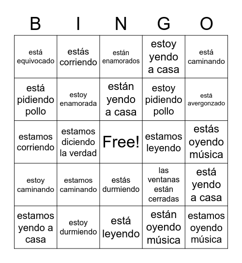 ESTAR (emociones/condiciones & presente progresivo) Bingo Card