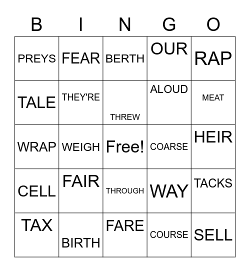 HOMOPHONES Bingo Card