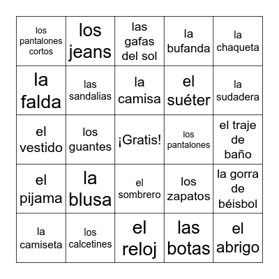 La Ropa Bingo Card