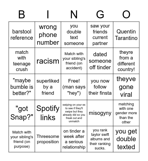 Tinder bingo Card