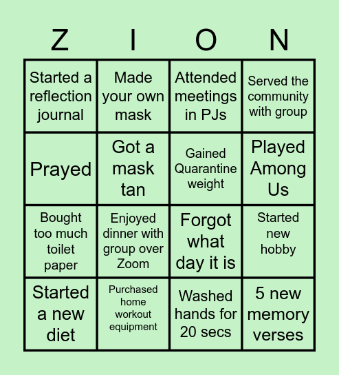 SAMPLE Zion Bingo Card