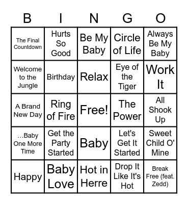 The Push Playlist Bingo Card