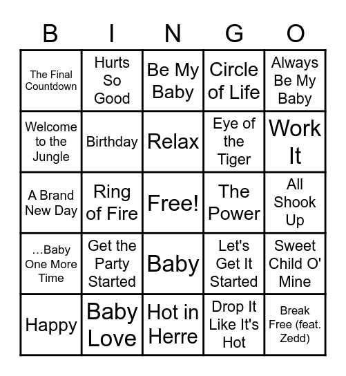 The Push Playlist Bingo Card