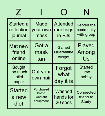 SAMPLE Zion Bingo Card
