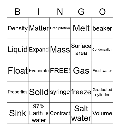 States of Matter Bingo Card