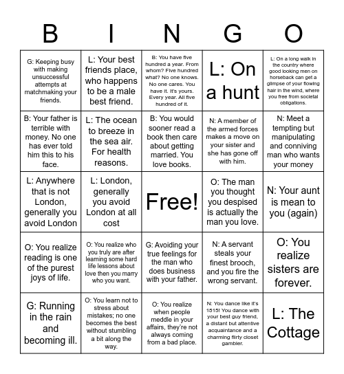 Jane Austen Bingo Card