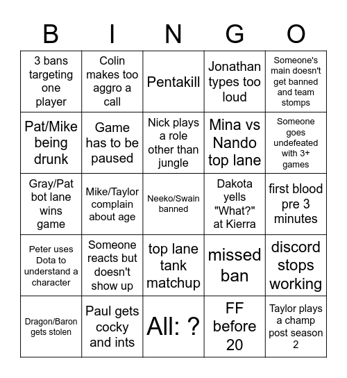 League 10 Man Bingo Card