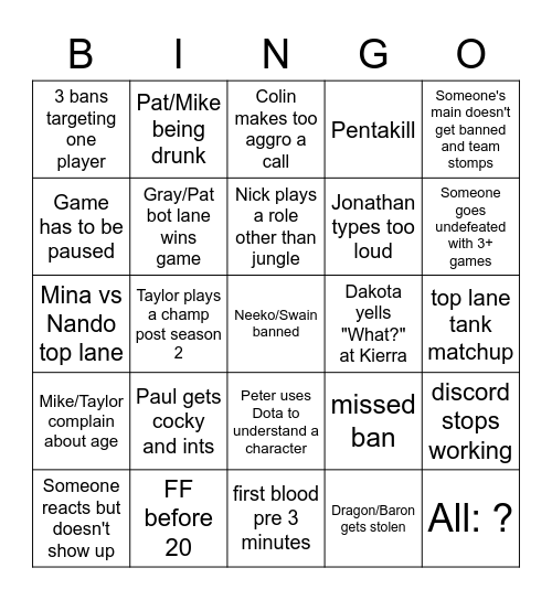 League 10 Man Bingo Card