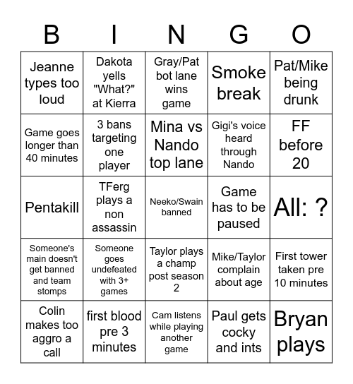 League 10 Man Bingo Card