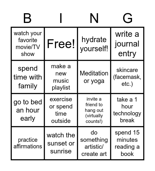 Self Care Bingo Card