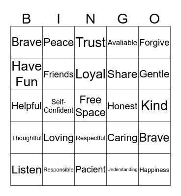 Friendship Bingo Card