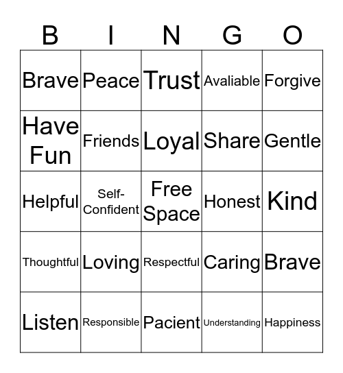 Friendship Bingo Card