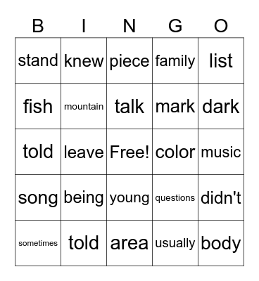 Sight Words Review Bingo Card