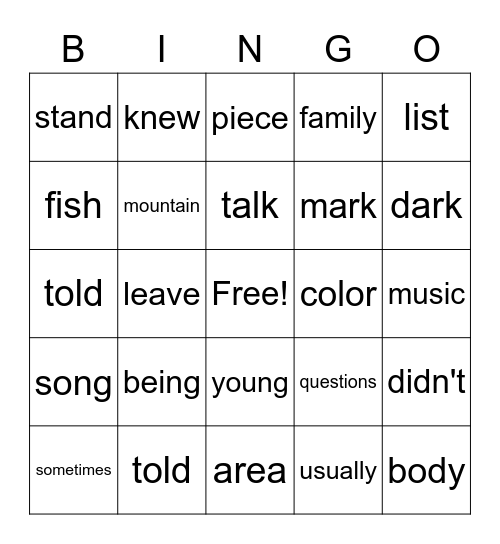 Sight Words Review Bingo Card