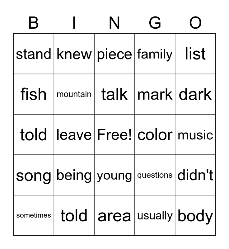Sight Words Review Bingo Card