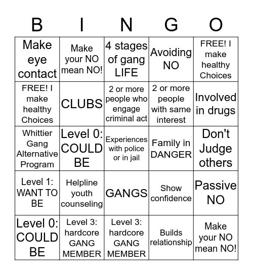 Gang Bingo Card