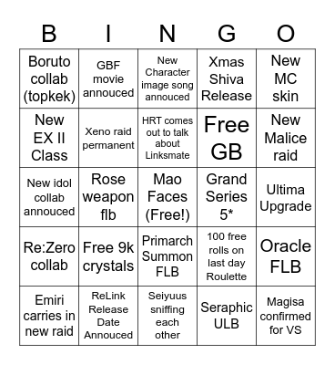 Mek's GBF Xmas 2020 Bingo Sheet Bingo Card