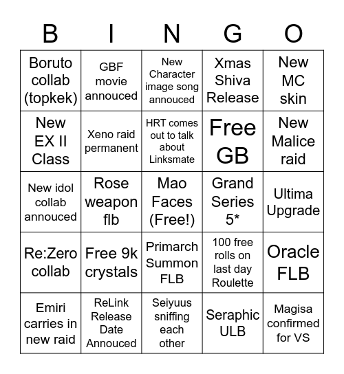 Mek's GBF Xmas 2020 Bingo Sheet Bingo Card