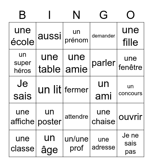 Unité  3 Moi Bingo Card