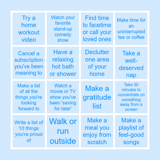 Wellbeing Bingo Card