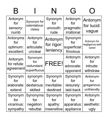 Vocabulary Bingo Card