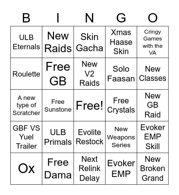 GBF Fes 2020 Stream Bingo Card