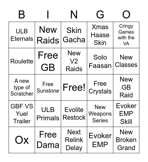 GBF Fes 2020 Stream Bingo Card