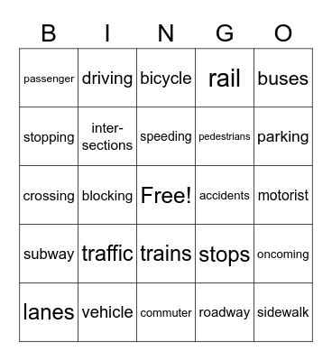 Transportation Bingo Card