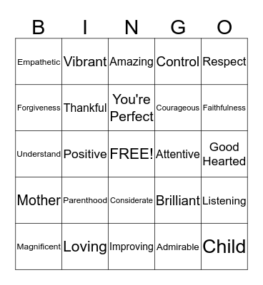 Positive Words Bingo Card