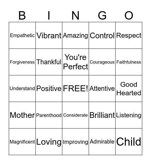 Positive Words Bingo Card