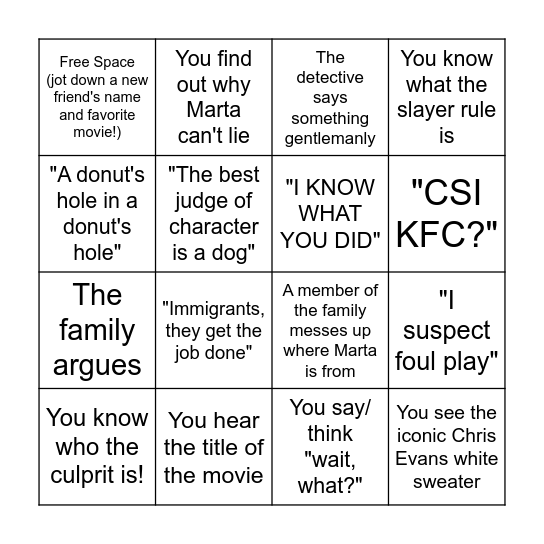 Knives Out Bingo Card