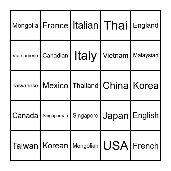 Nation + 人 rén = Nationality Bingo Card