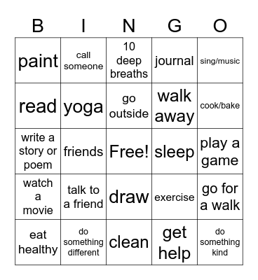 Coping Skills Bingo Card