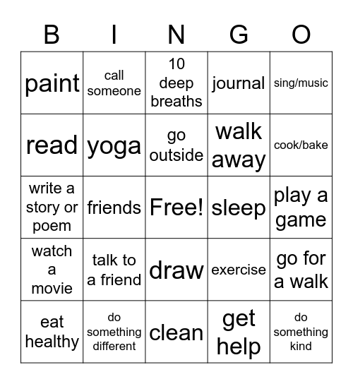 Coping Skills Bingo Card