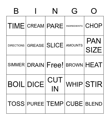 Food Preparation Terms Bingo Card