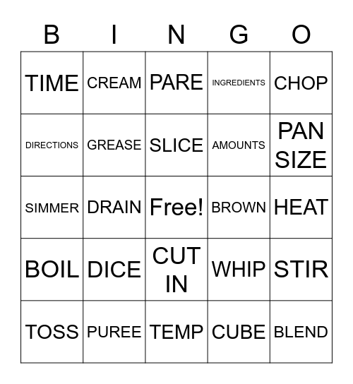 Food Preparation Terms Bingo Card