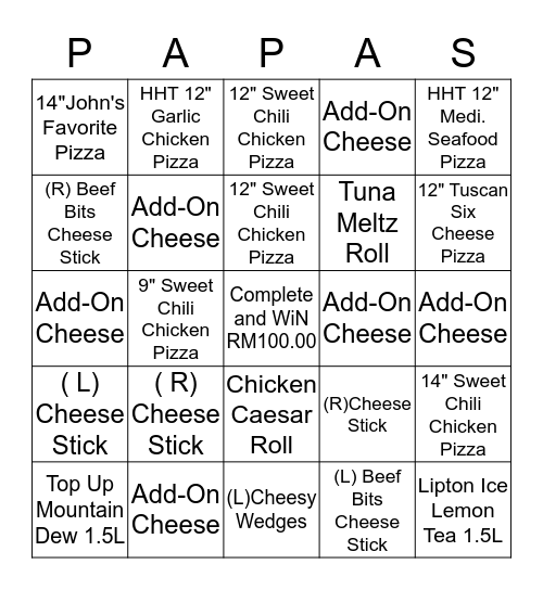 Papa John's Pizza Call Center Bingo Card