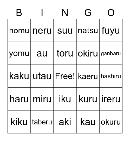 Japanese Verb 1-20 Bingo Card