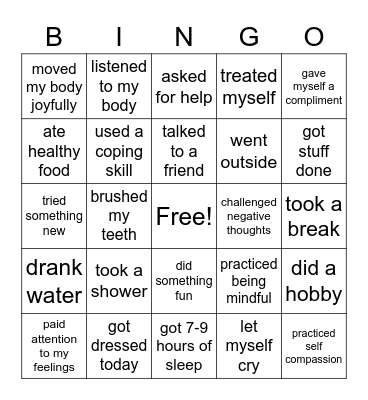 Self Care Bingo Card