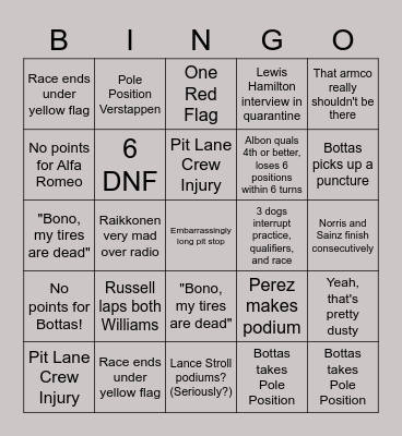 Formula 1 (6-12-20) Bingo Card