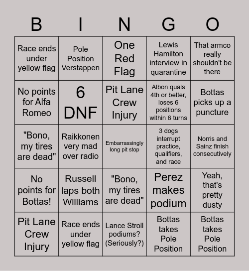 Formula 1 (6-12-20) Bingo Card