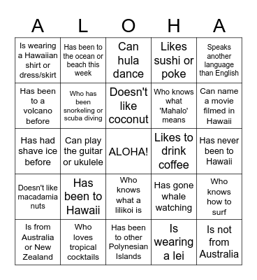 ALOHA BINGO: Get to know someone who... Bingo Card