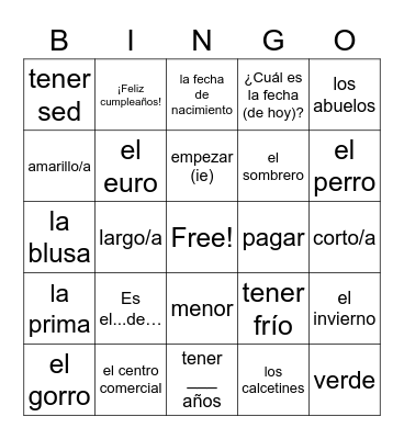 Spanish II Bingo Review I Bingo Card