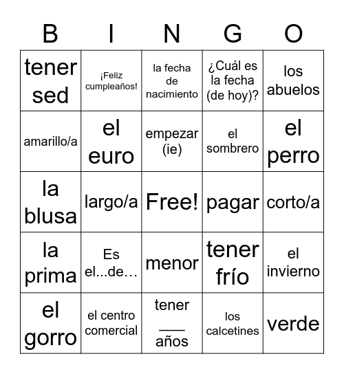 Spanish II Bingo Review I Bingo Card