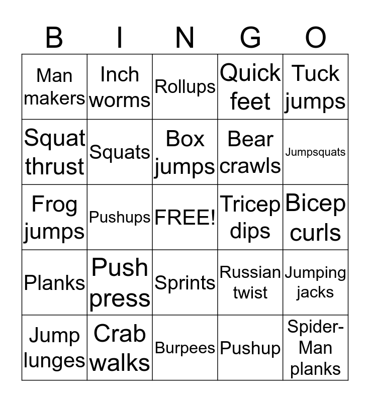 Boot camp Bingo Card